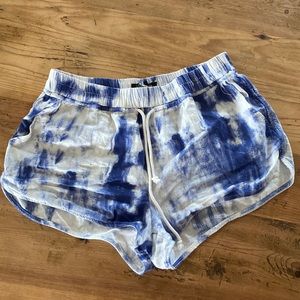 blue and white tie-dye shorts